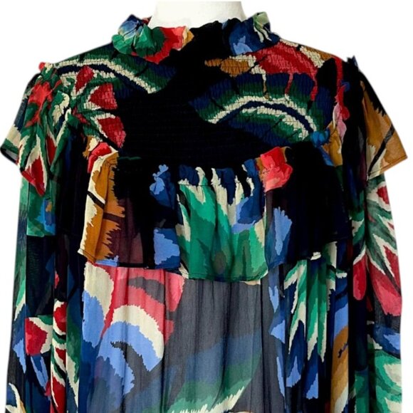 Farm Rio Smocked Ruffle Blouse Black Multi Long Sleeve S - Picture 3 of 13